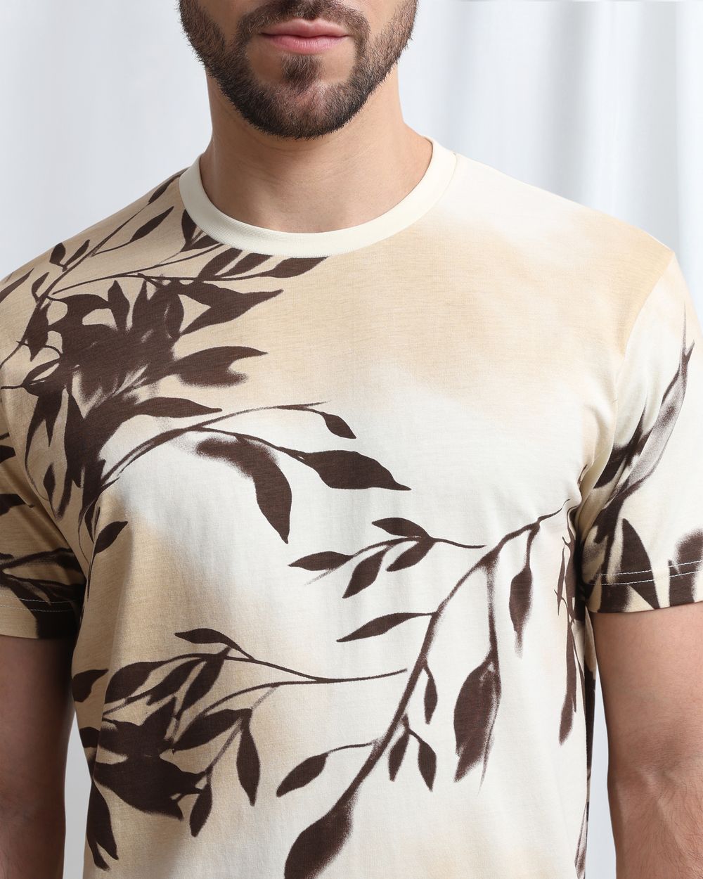 Beige Leaf Print T-Shirt