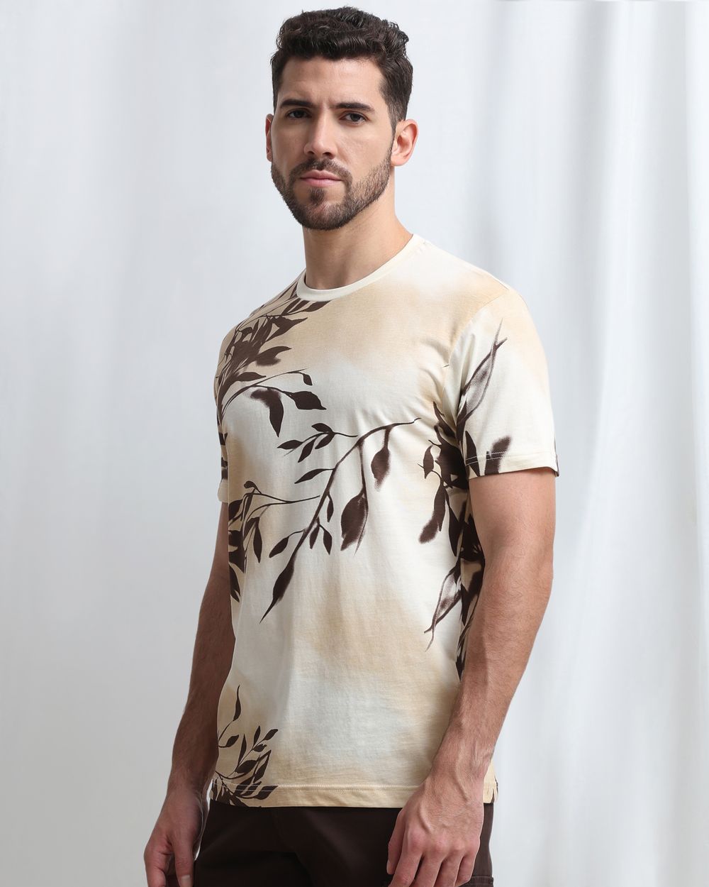 Beige Leaf Print T-Shirt