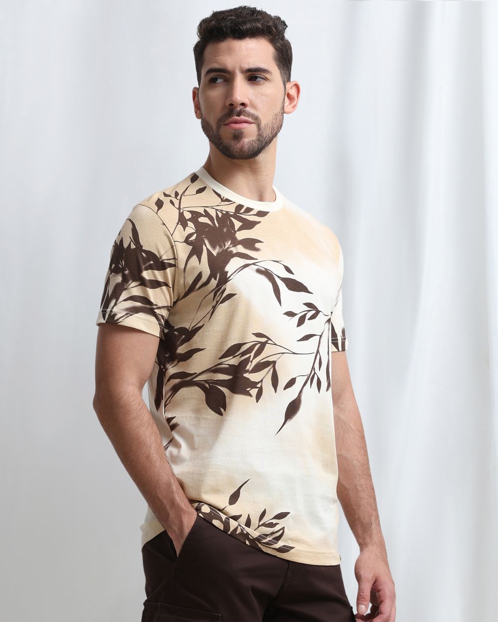 Beige Leaf Print T-Shirt