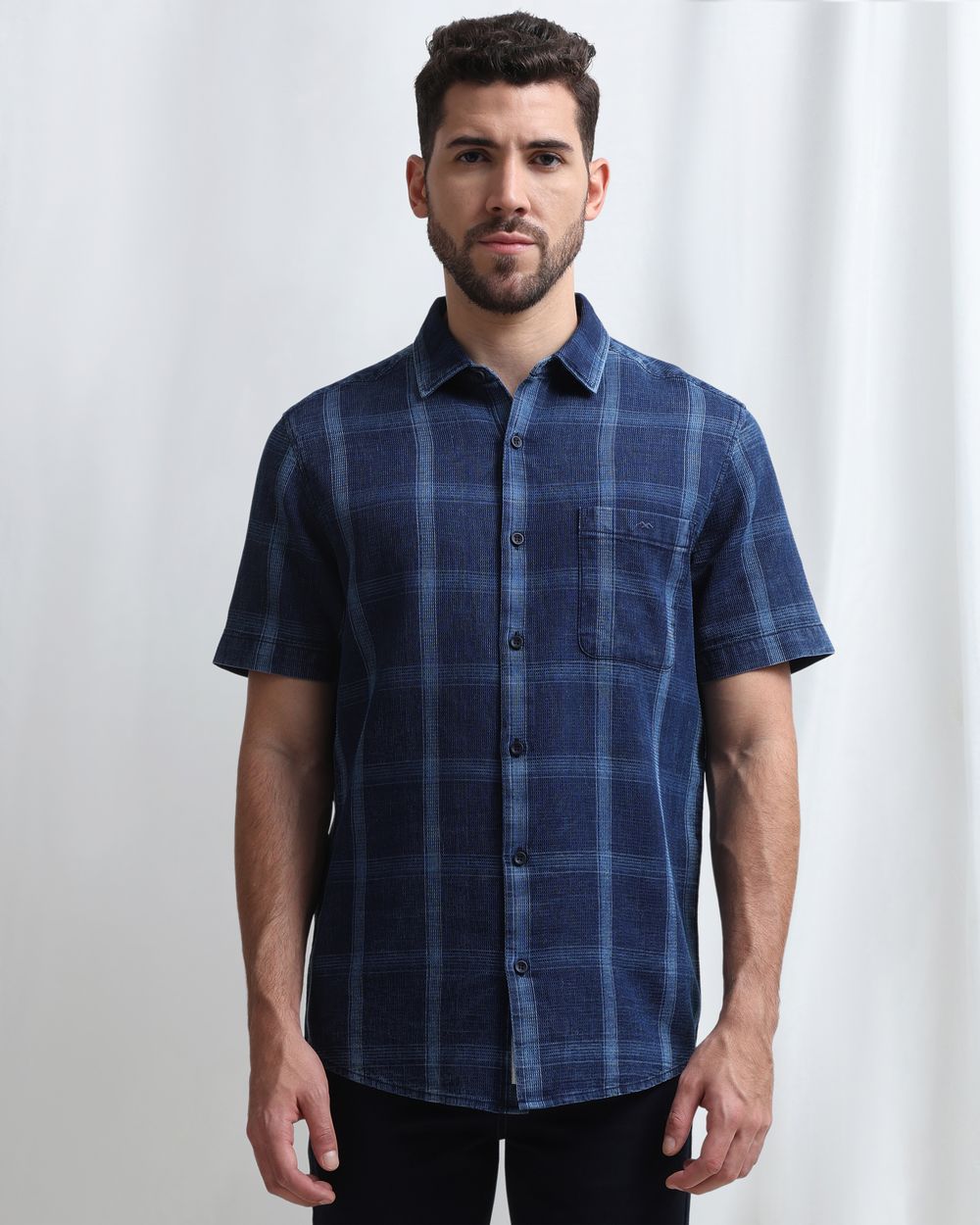 Indigo Blue Denim Check Slim Fit Casual Shirt