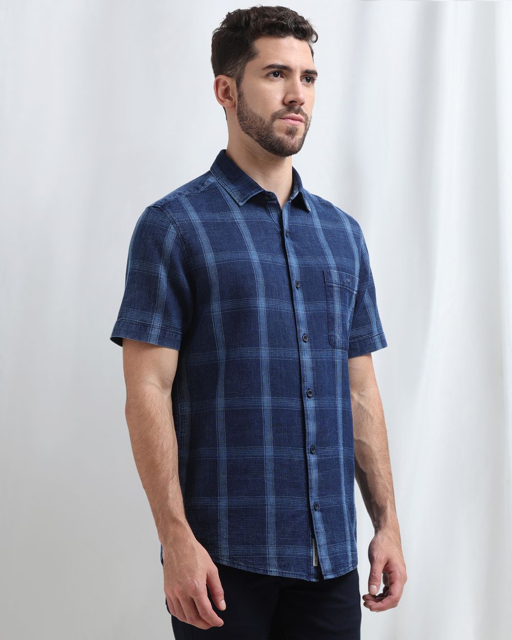 Indigo Blue Denim Check Slim Fit Casual Shirt