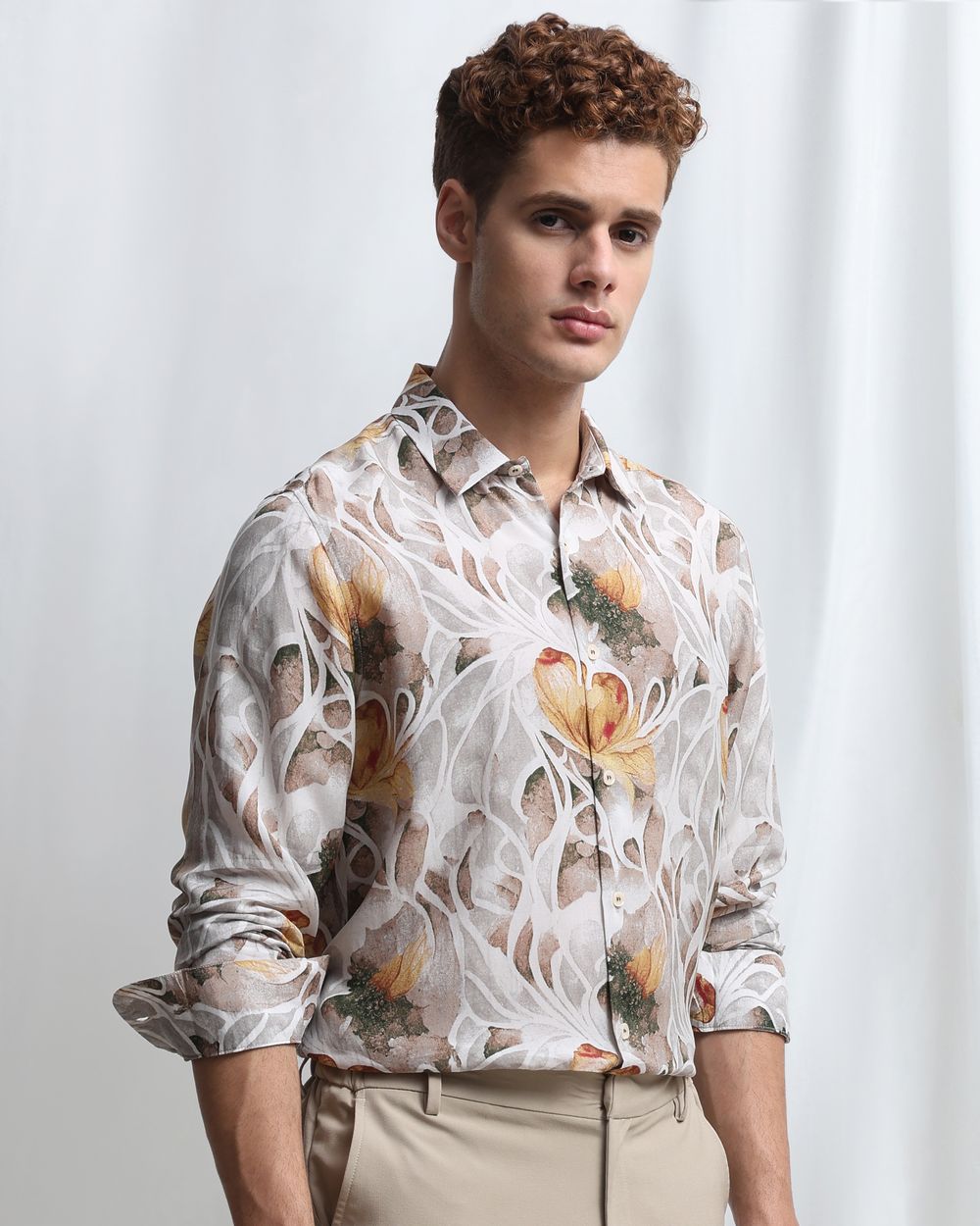 Light Green Viscose Print Slim Fit Casual Shirt