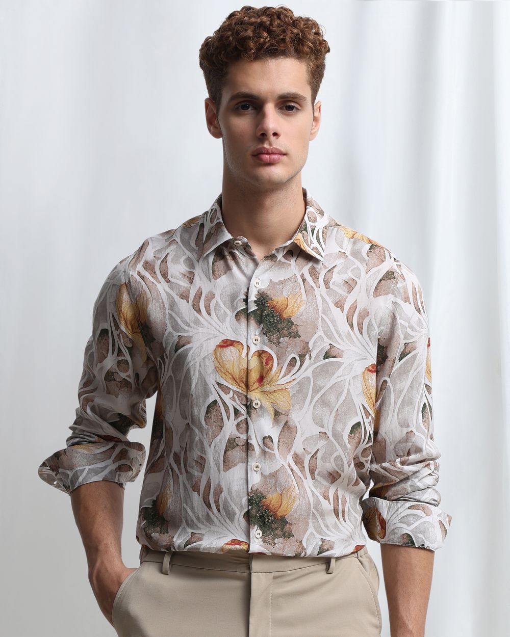Light Green Viscose Print Slim Fit Casual Shirt