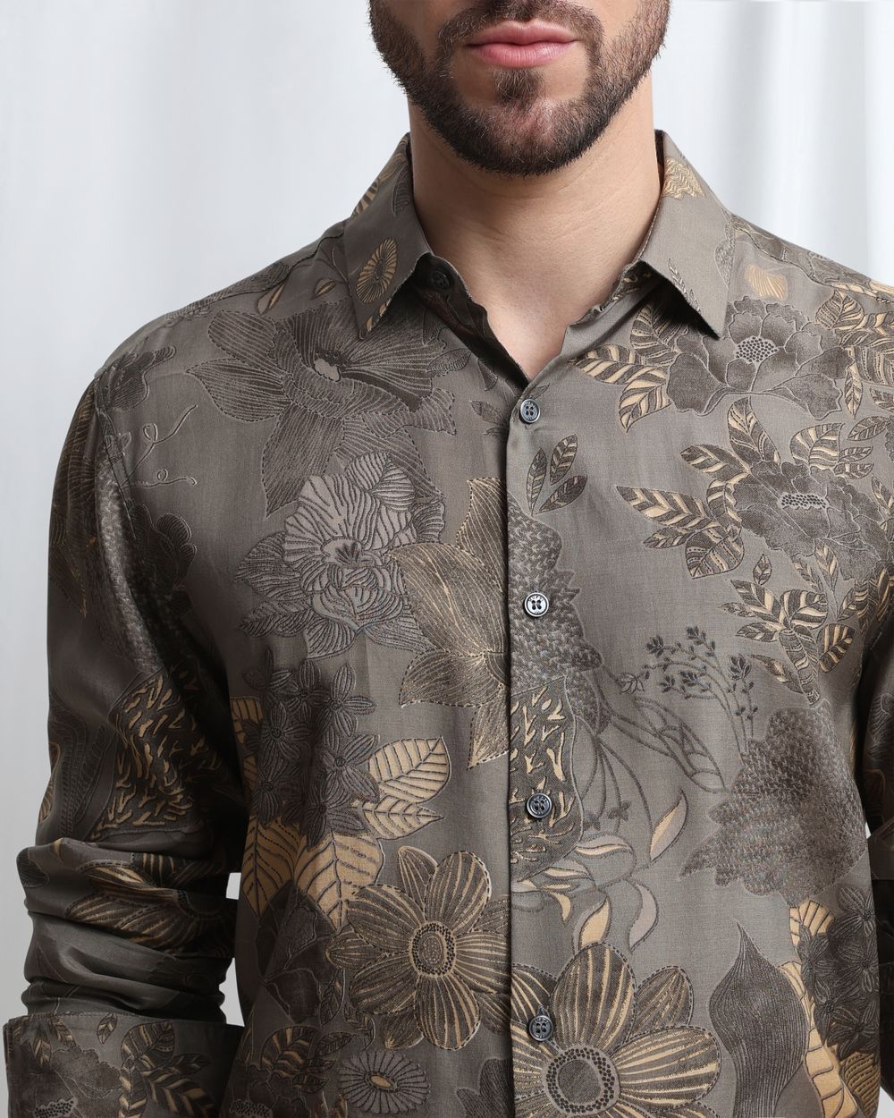 Grey Viscose Print Slim Fit Casual Shirt