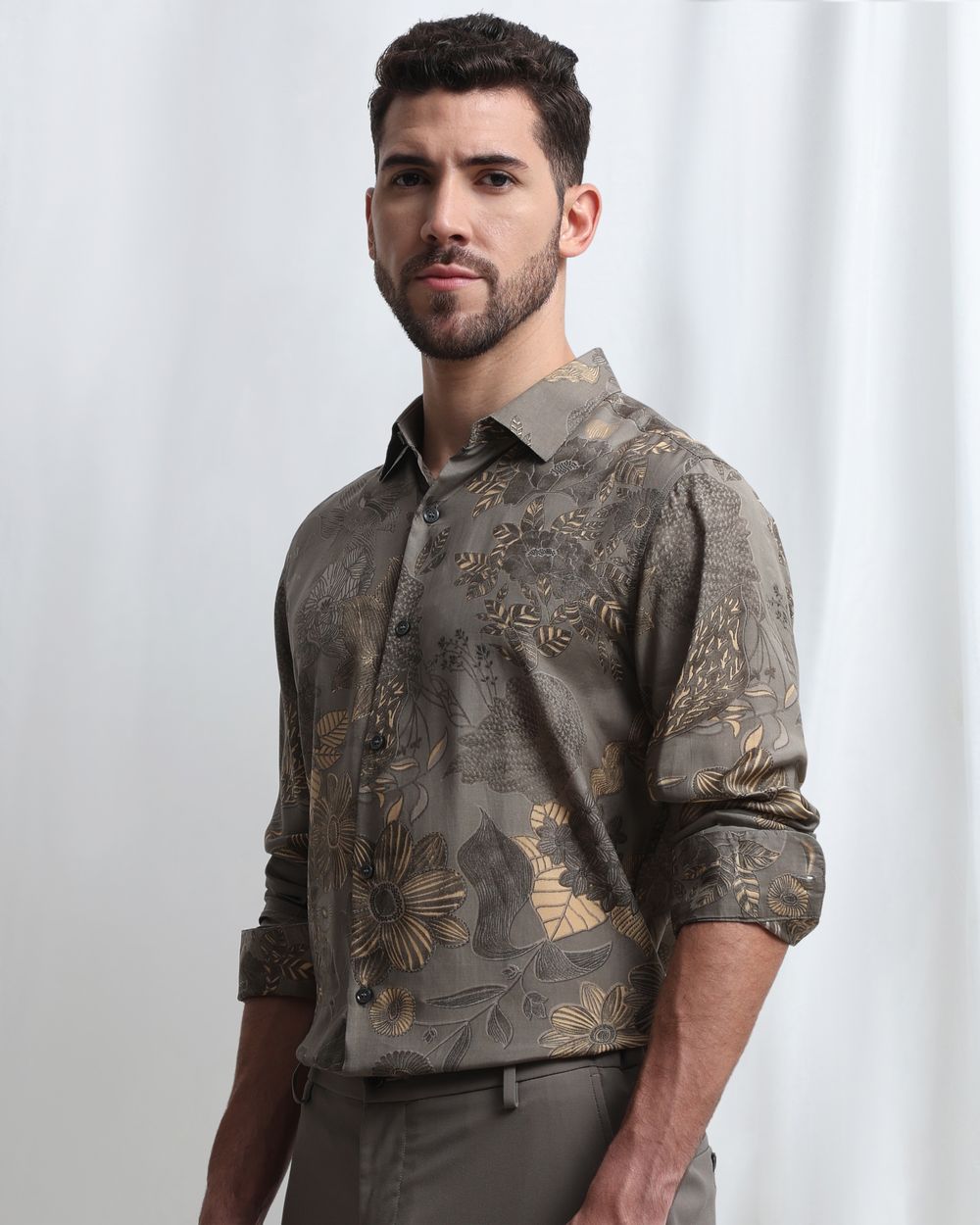 Grey Viscose Print Slim Fit Casual Shirt