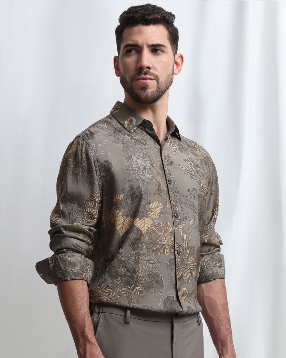 Grey Viscose Print Slim Fit Casual Shirt