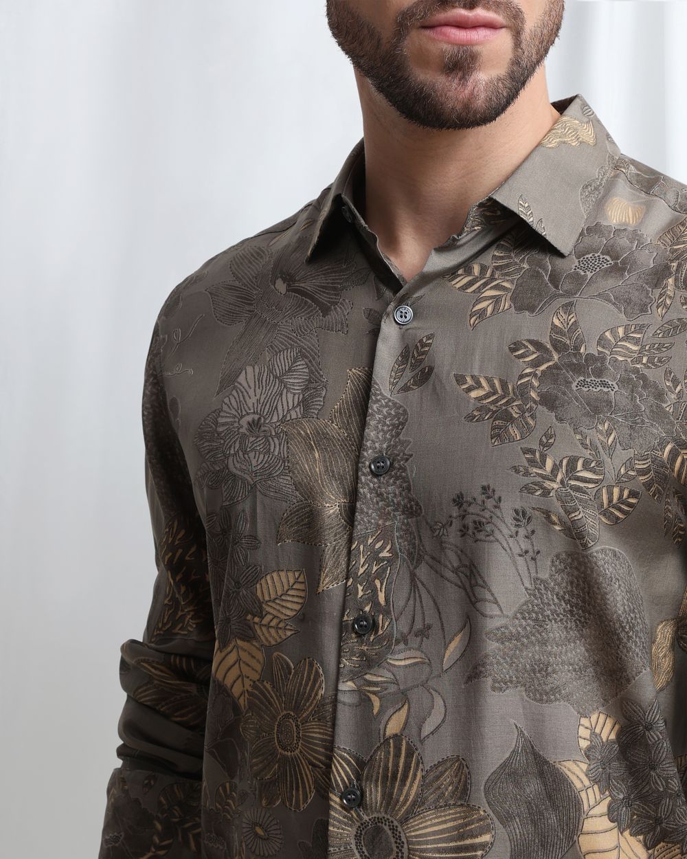Grey Viscose Print Slim Fit Casual Shirt