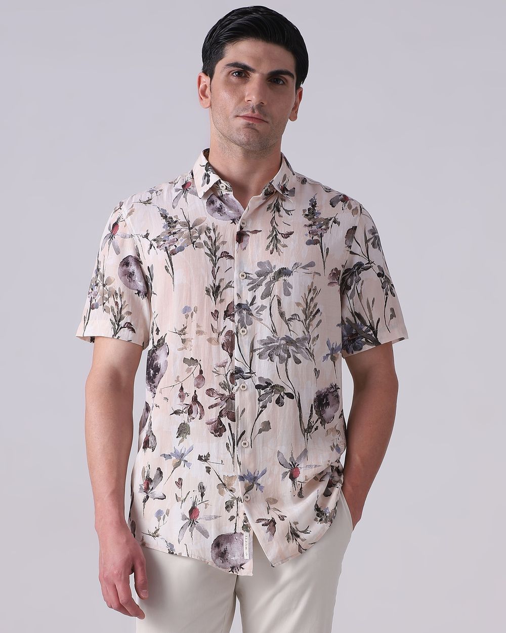 Off White Floral Print Viscose Slim Fit Casual Shirt