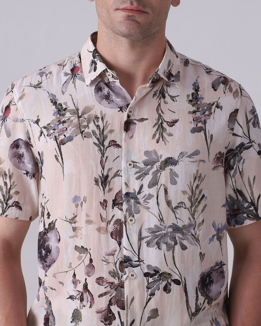 Off White Floral Print Viscose Slim Fit Casual Shirt