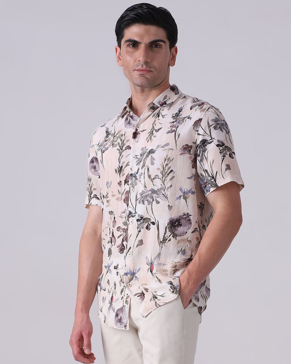 Off White Floral Print Viscose Slim Fit Casual Shirt