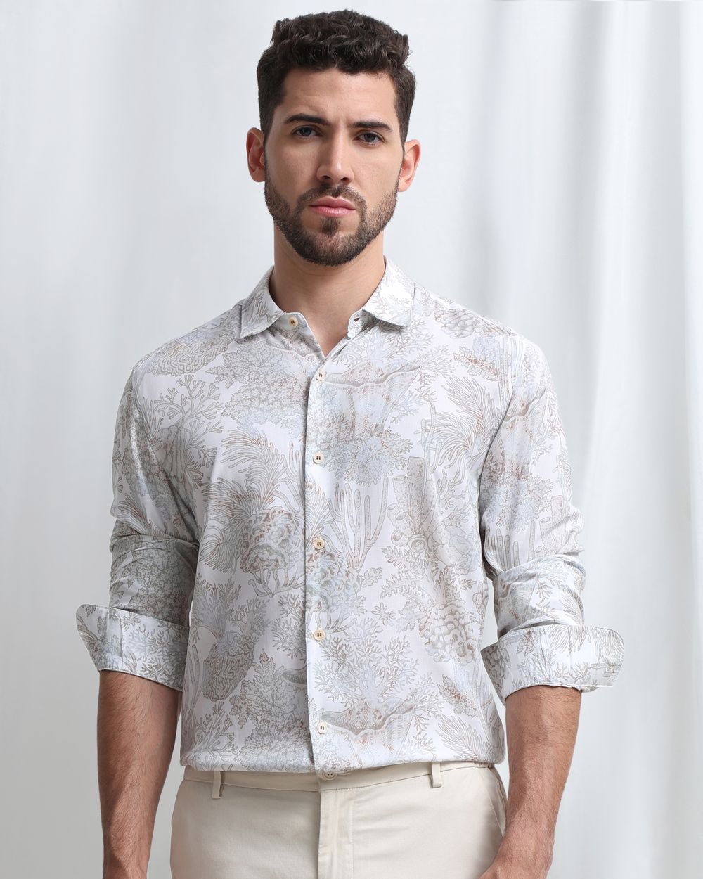 Beige Viscose Print Slim Fit Casual Shirt
