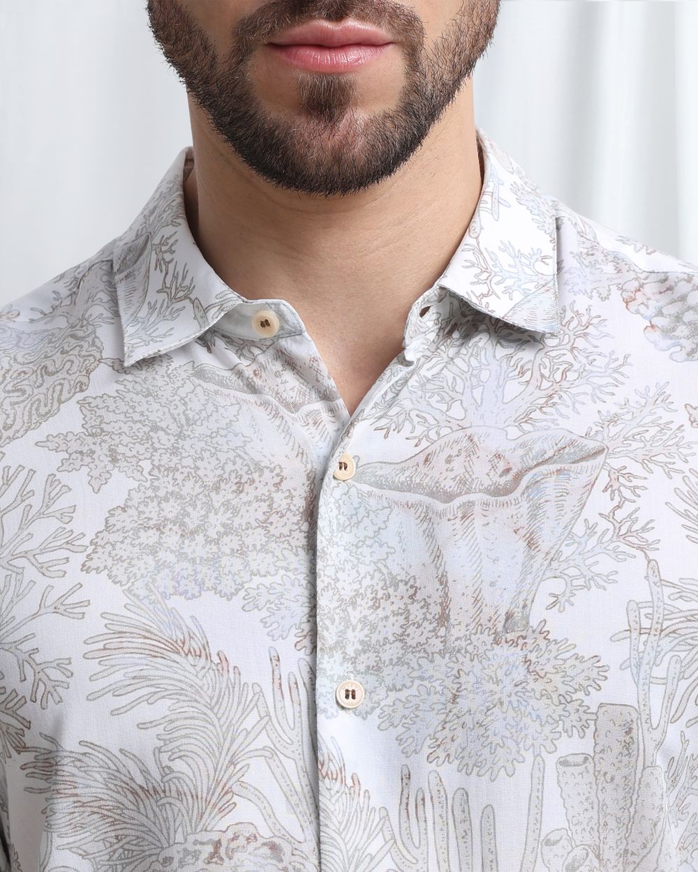 Beige Viscose Print Slim Fit Casual Shirt