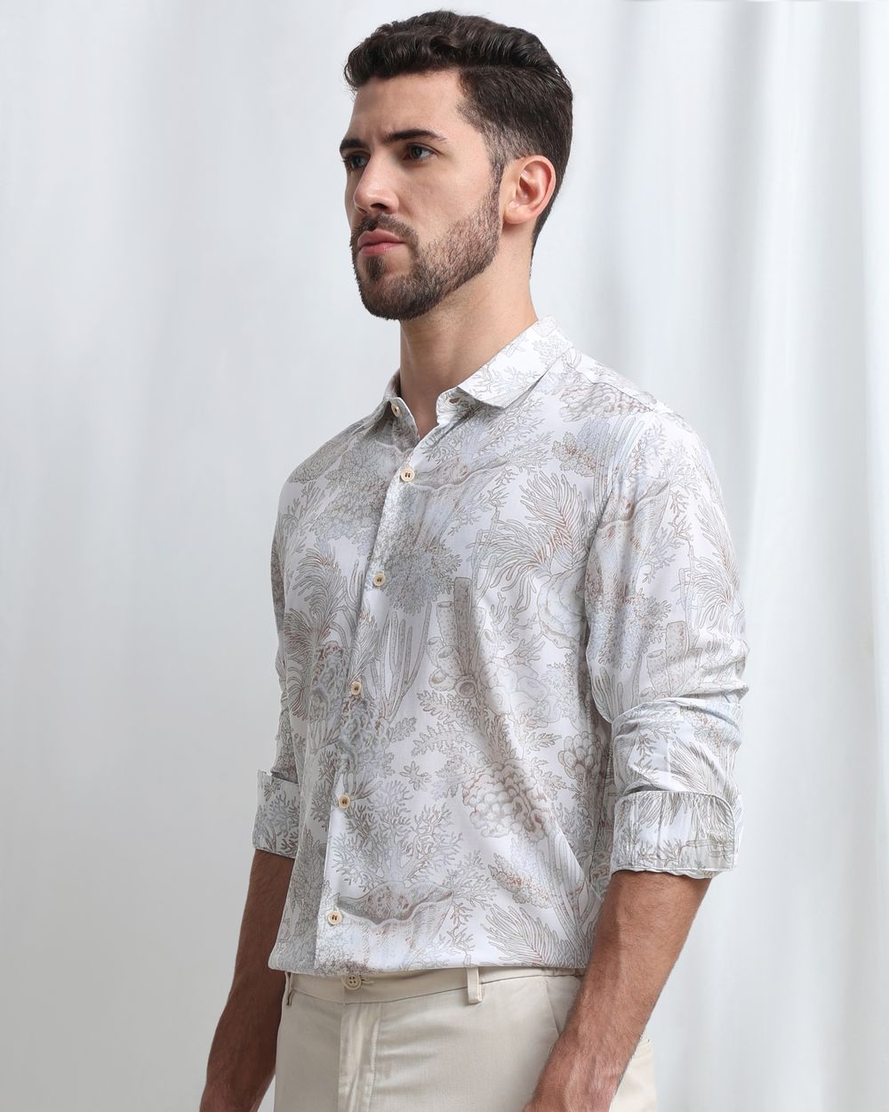 Beige Viscose Print Slim Fit Casual Shirt