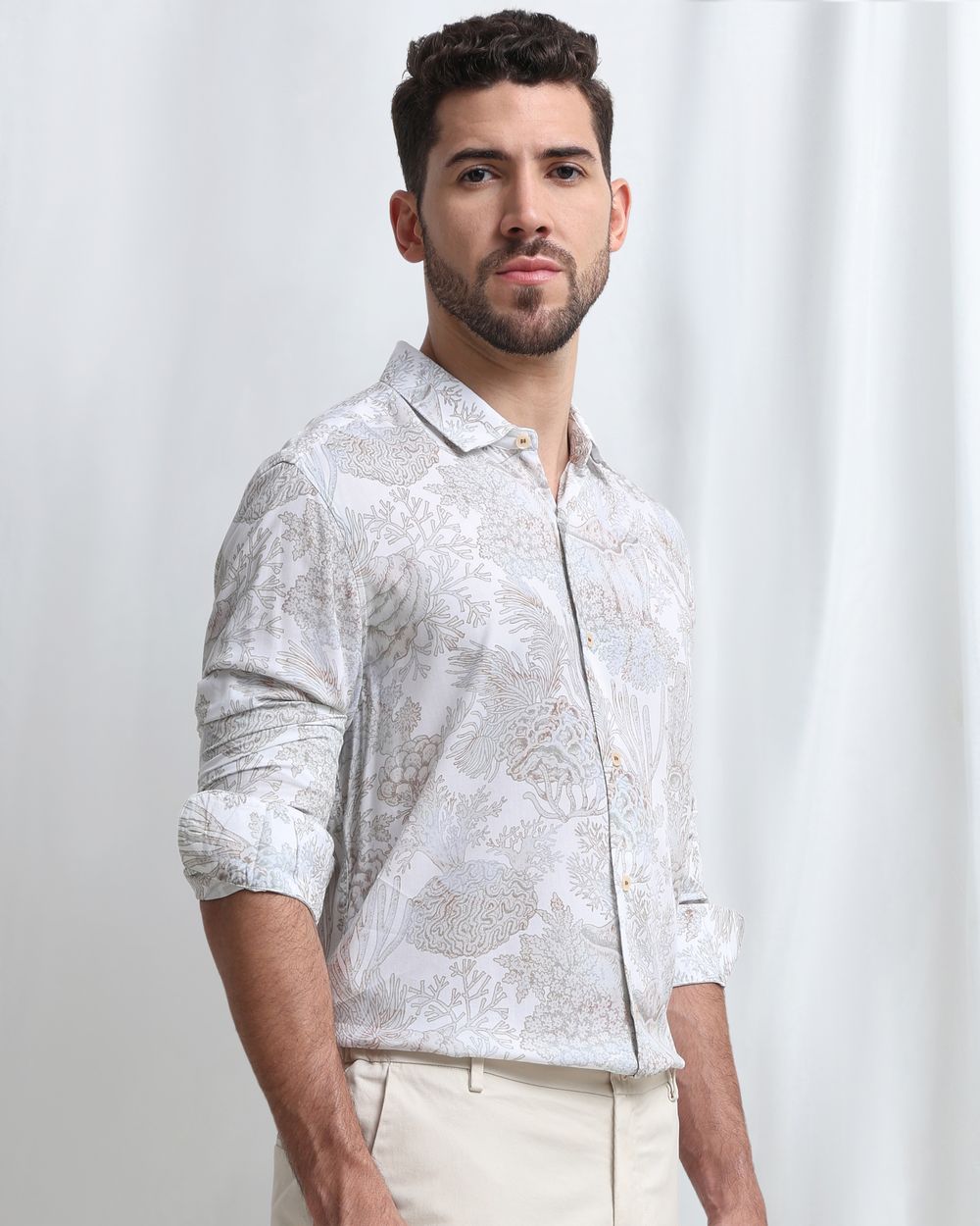 Beige Viscose Print Slim Fit Casual Shirt