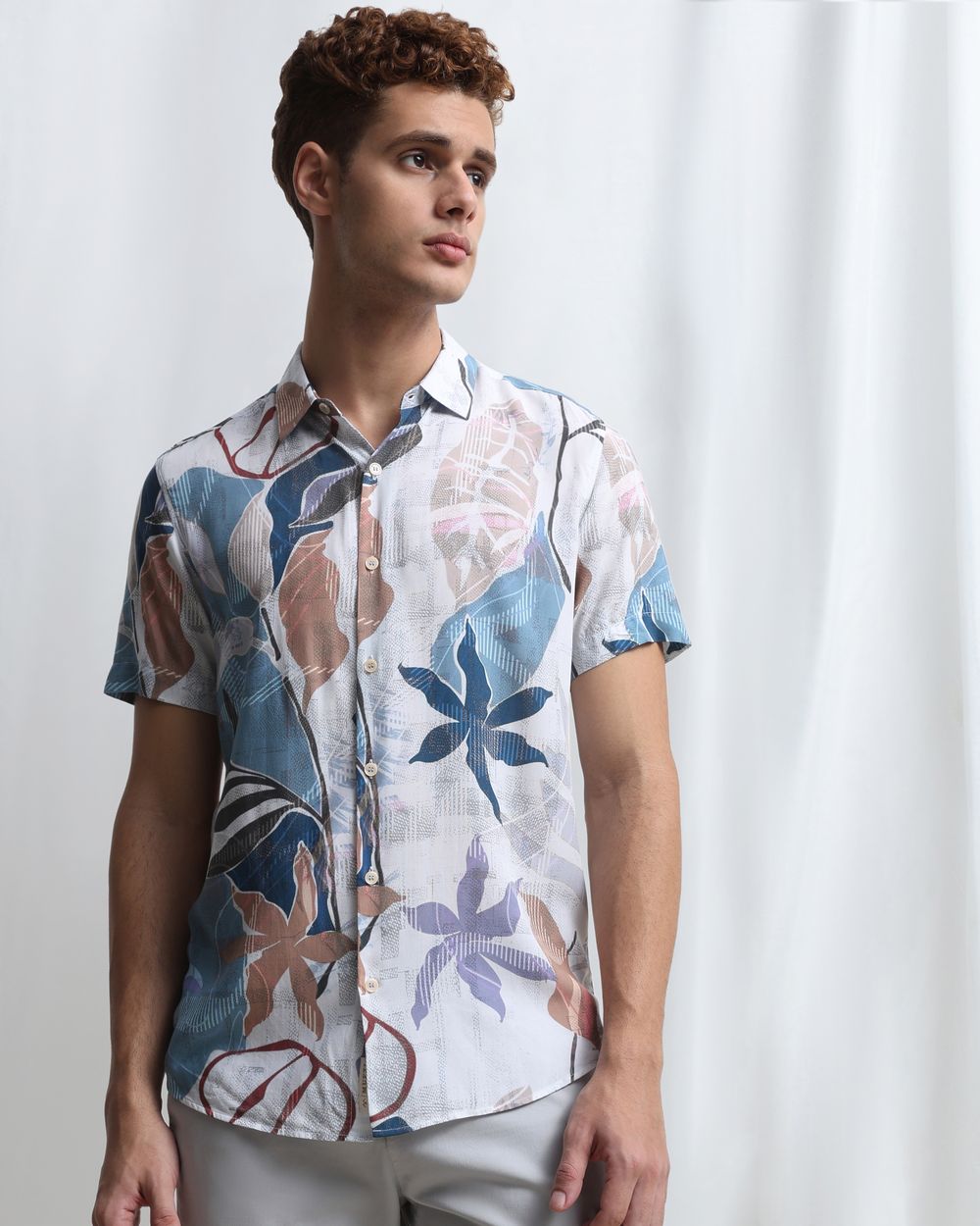 Blue Floral Print Viscose Slim Fit Casual Shirt