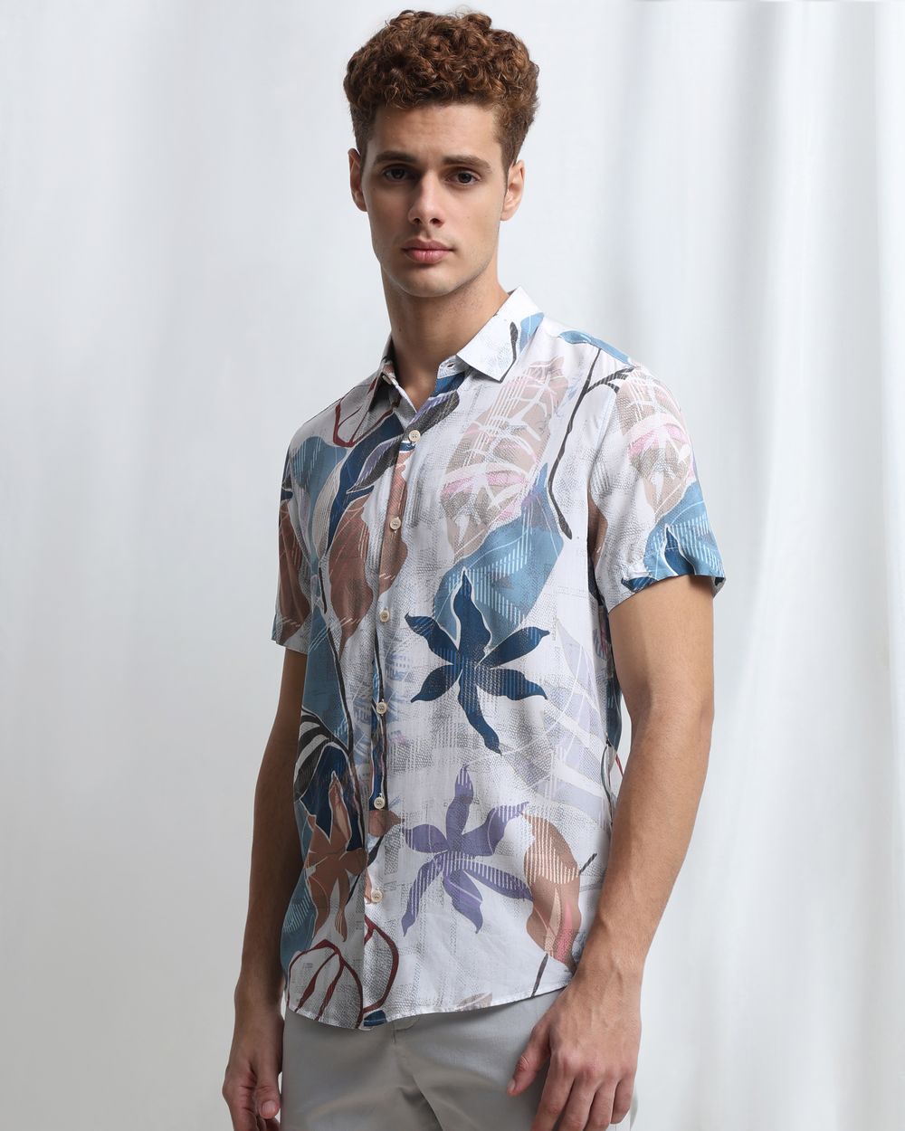 Blue Floral Print Viscose Slim Fit Casual Shirt