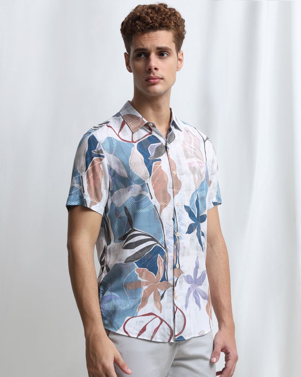 Blue Floral Print Viscose Slim Fit Casual Shirt