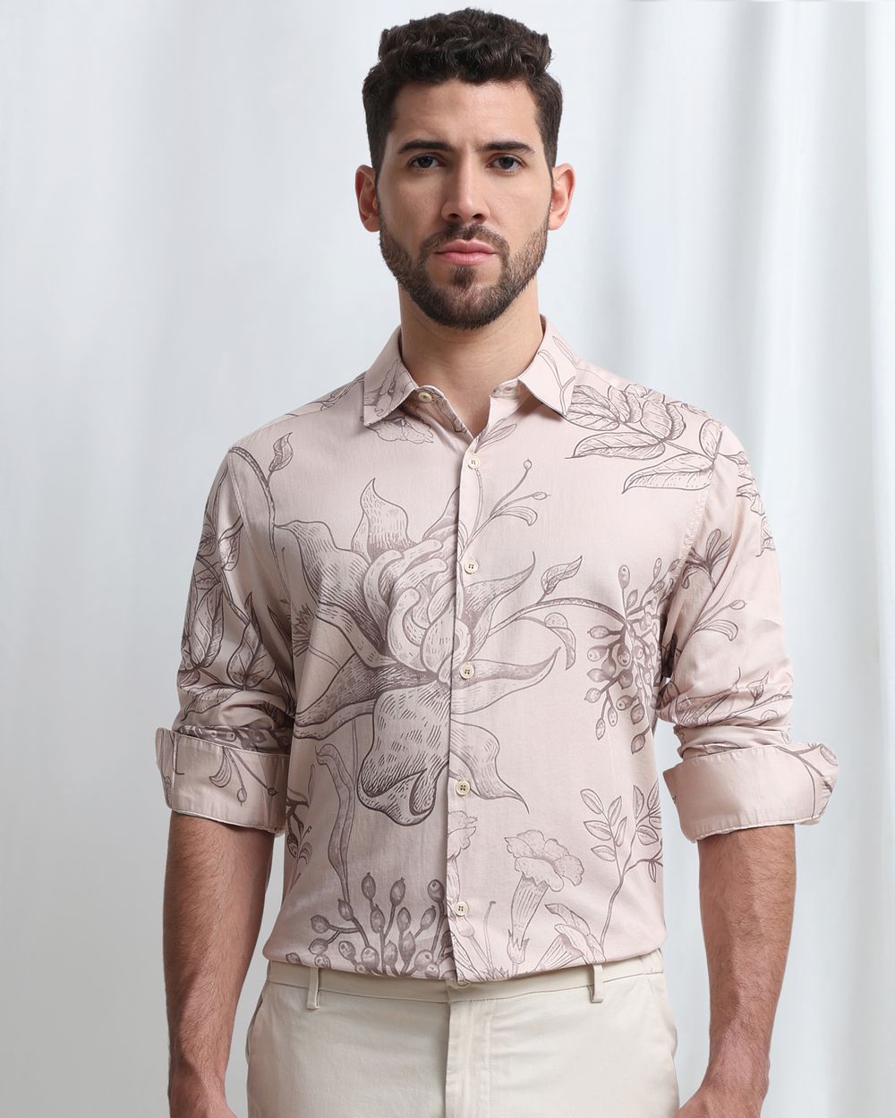 Beige Floral Print Slim Fit Casual Shirt