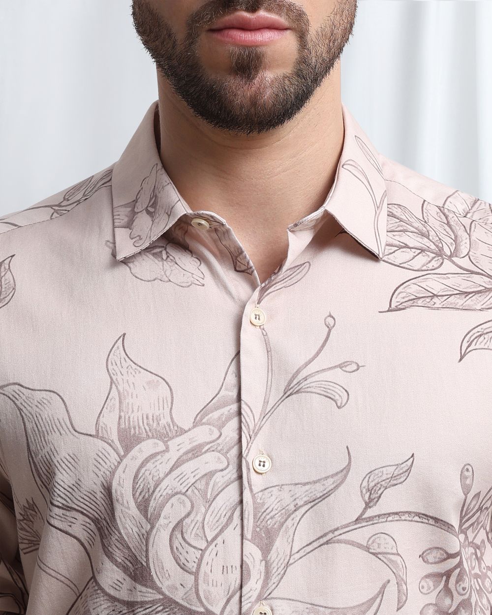 Beige Floral Print Slim Fit Casual Shirt