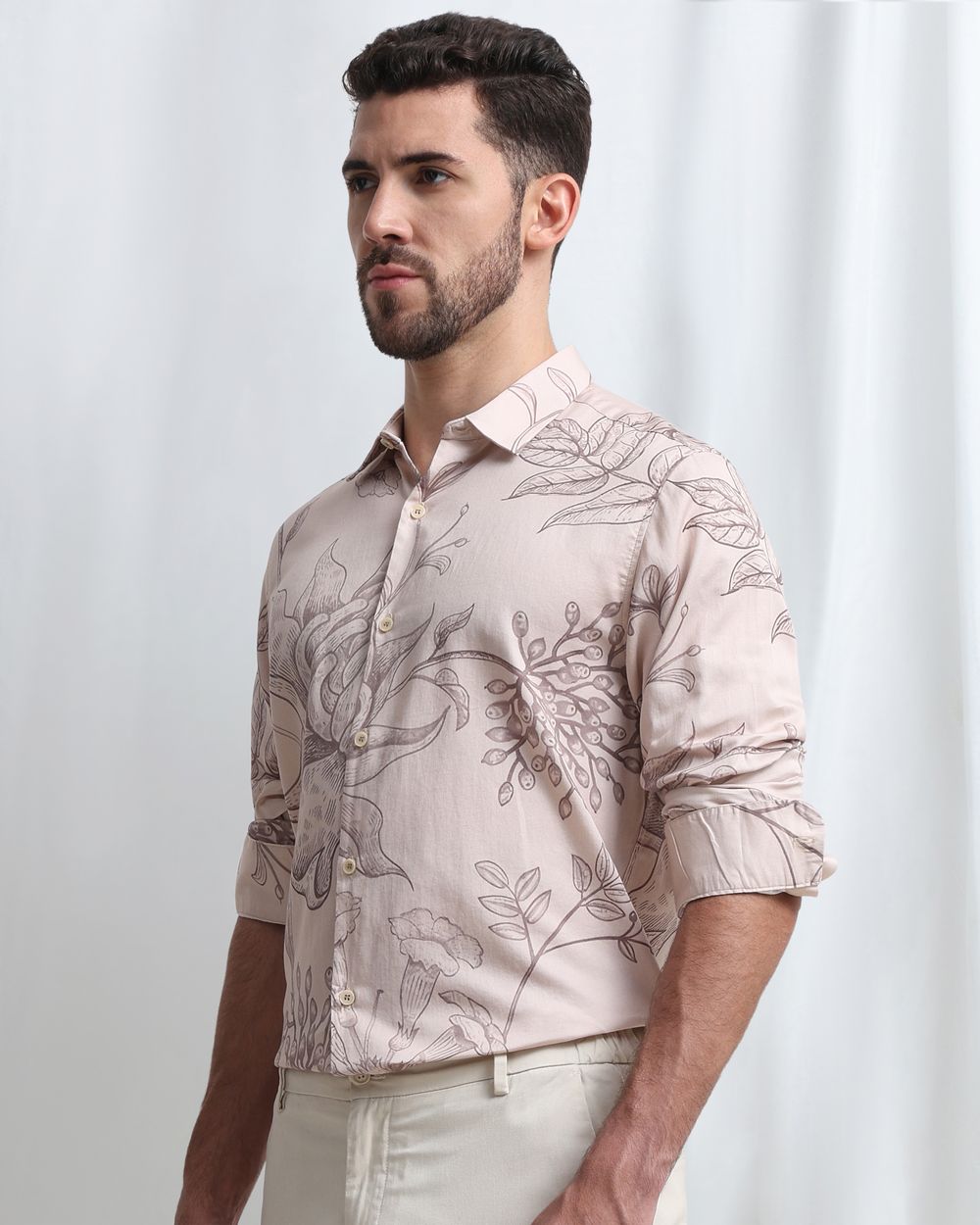 Beige Floral Print Slim Fit Casual Shirt