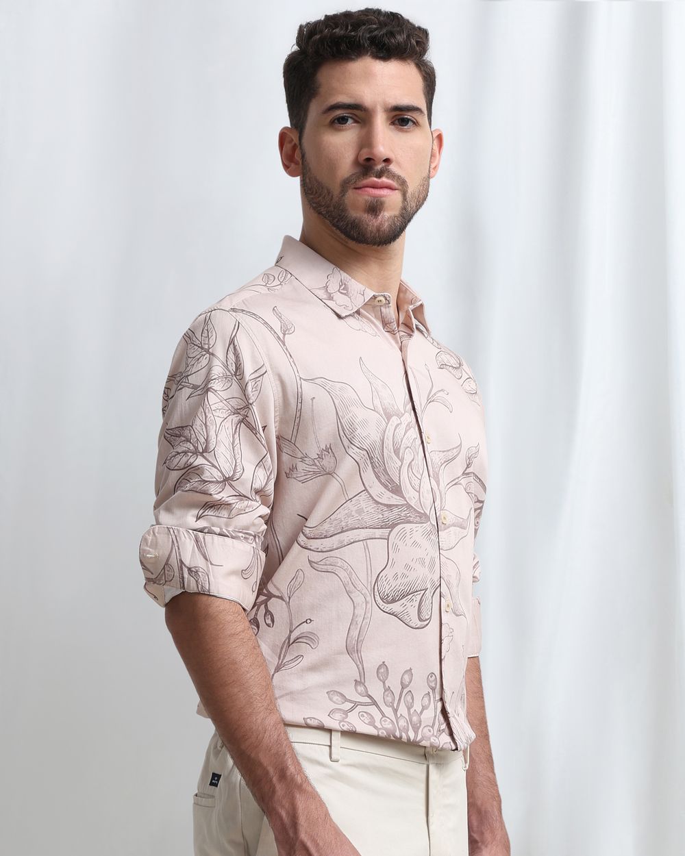 Beige Floral Print Slim Fit Casual Shirt