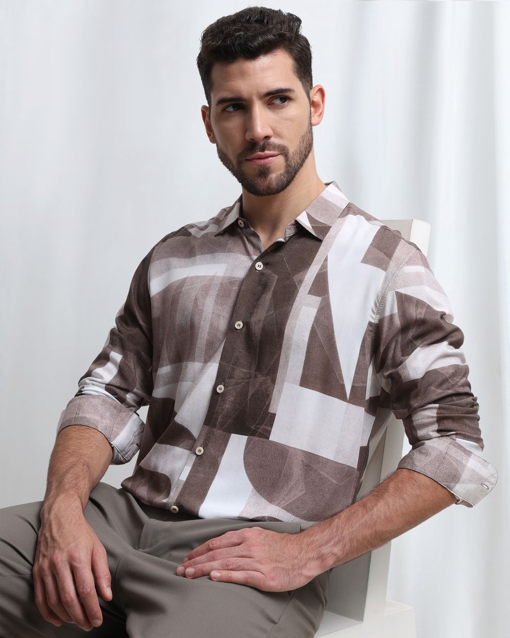 Brown Viscose Print Slim Fit Casual Shirt