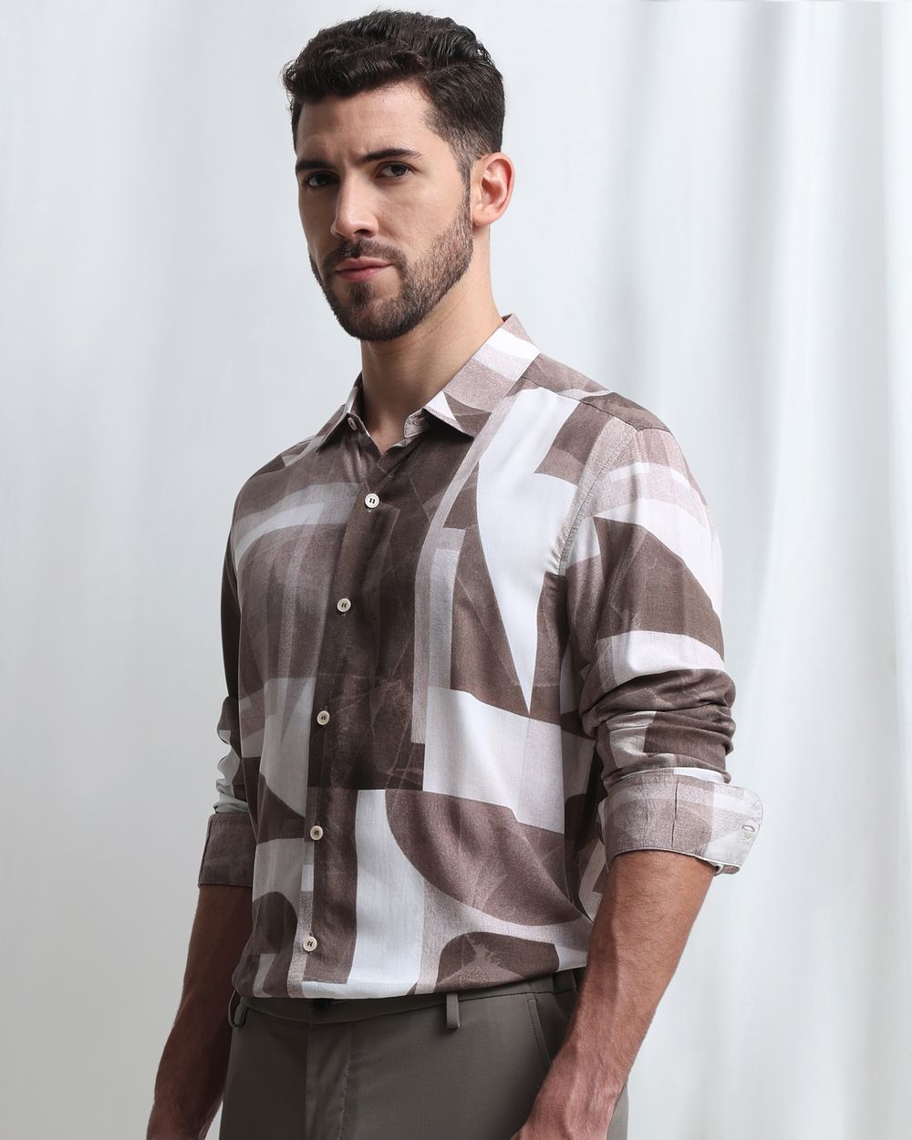 Brown Viscose Print Slim Fit Casual Shirt