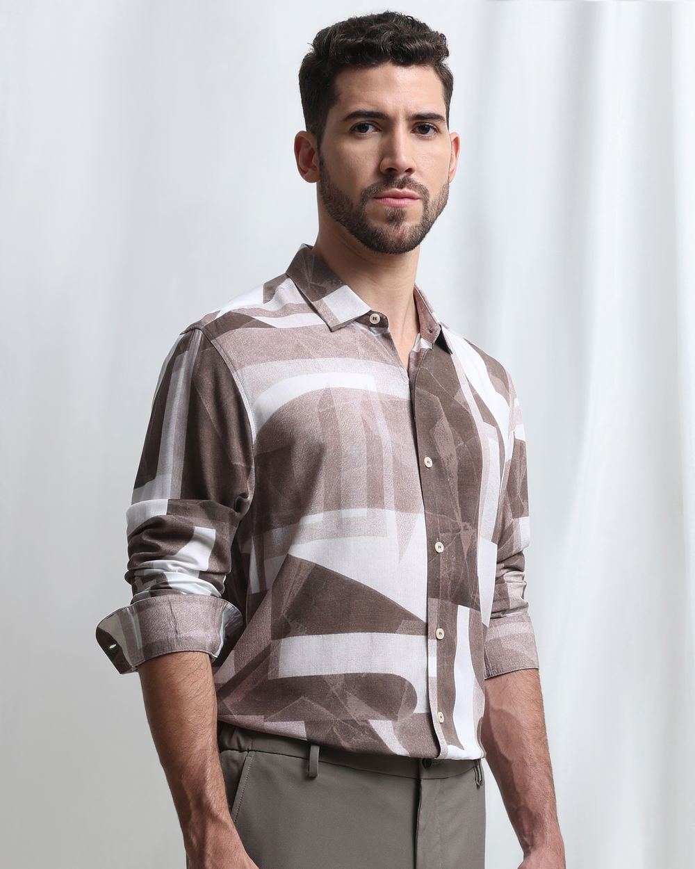 Brown Viscose Print Slim Fit Casual Shirt