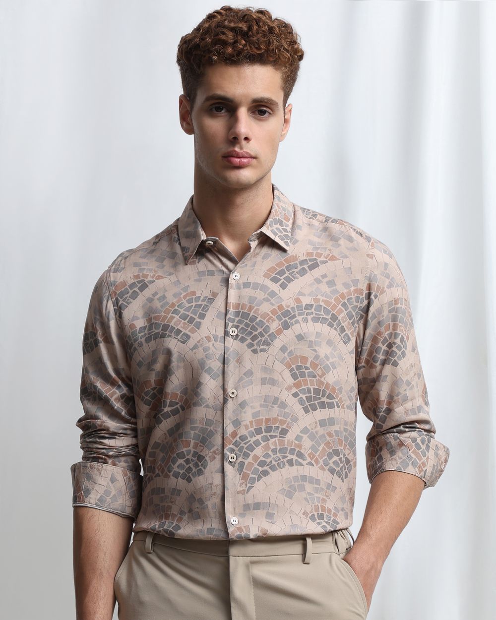 Beige Terrazzo Print Slim Fit Casual Shirt