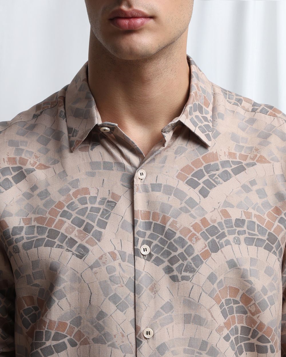 Beige Terrazzo Print Slim Fit Casual Shirt