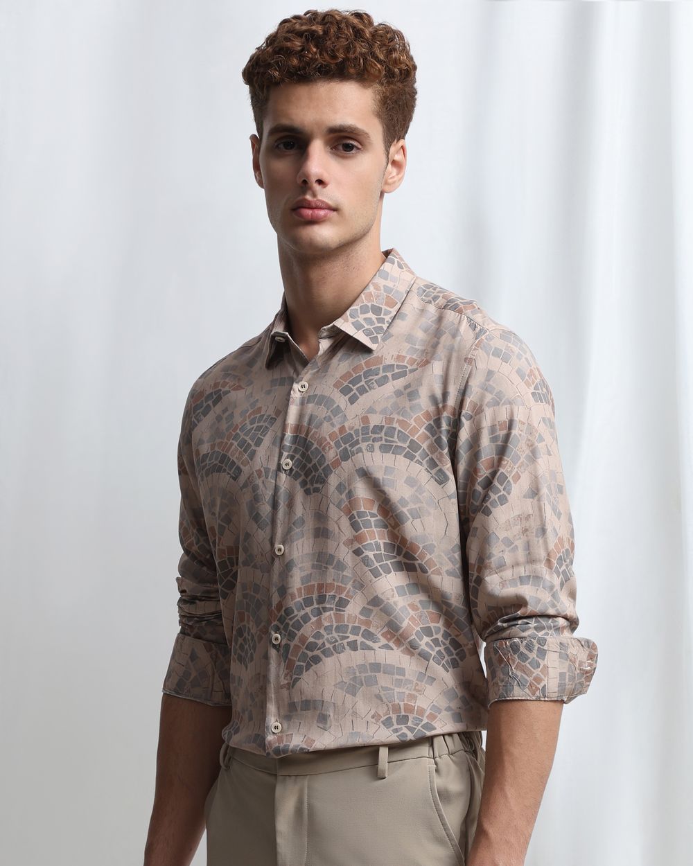 Beige Terrazzo Print Slim Fit Casual Shirt