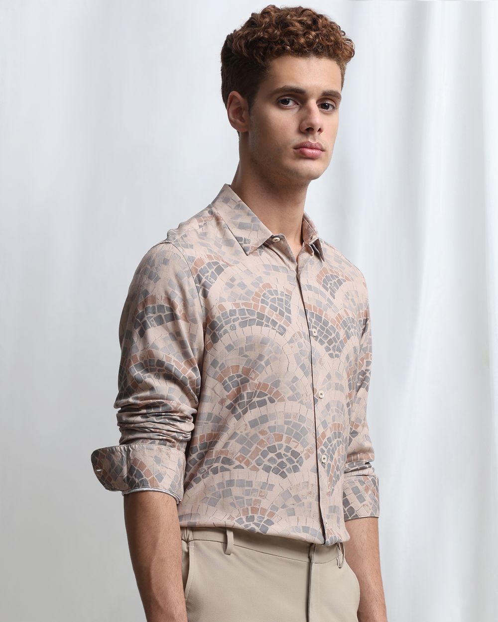 Beige Terrazzo Print Slim Fit Casual Shirt