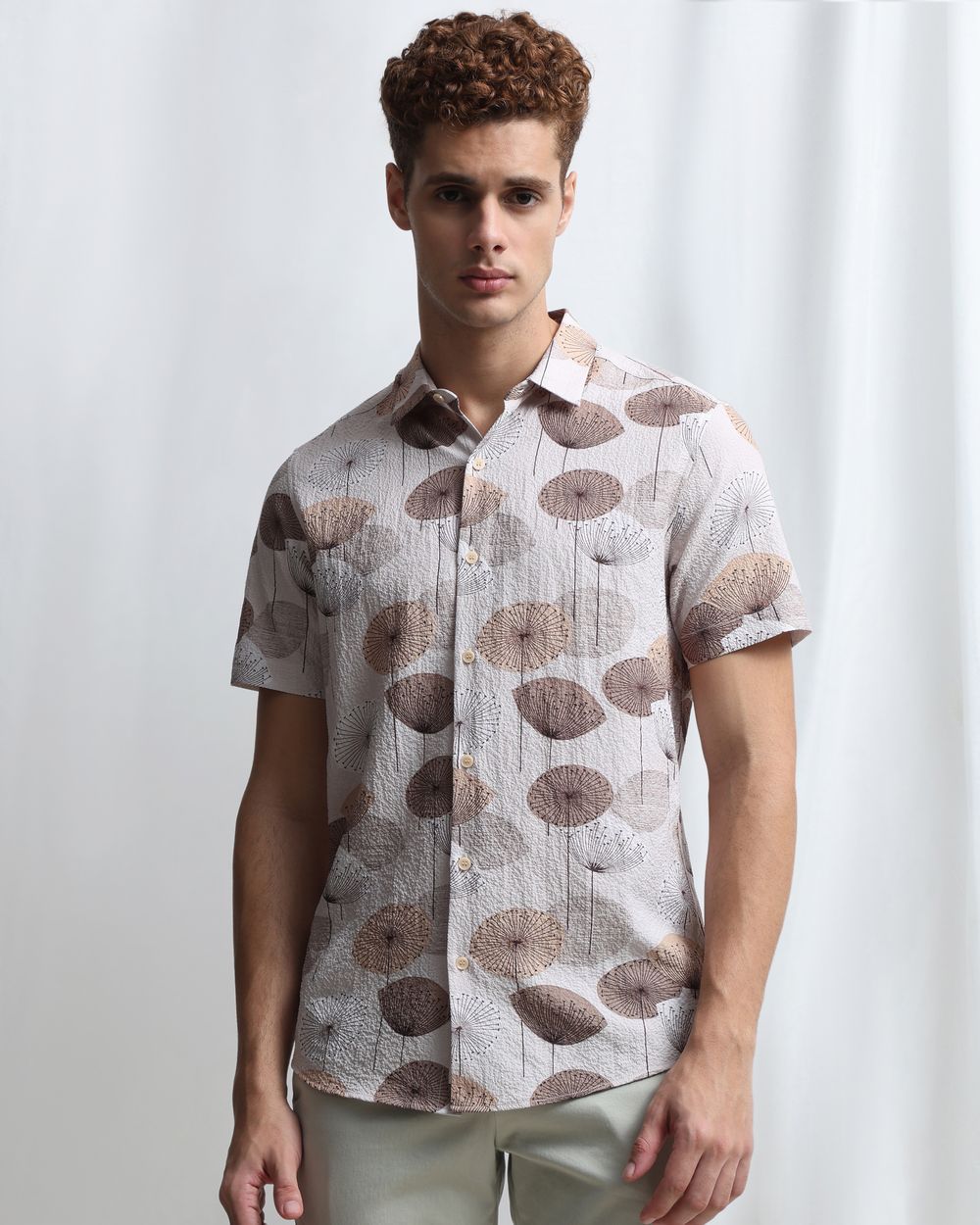 Beige Textured Print Slim Fit Casual Shirt