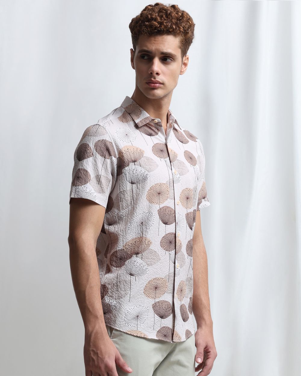 Beige Textured Print Slim Fit Casual Shirt