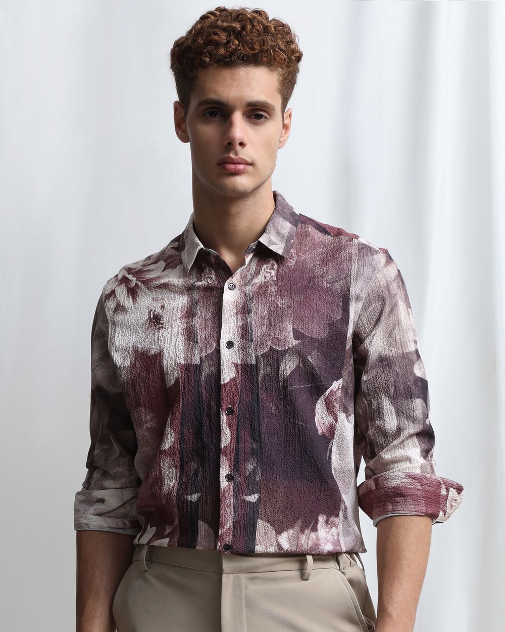 Maroon Digital Print Stretch Slim Fit Casual Shirt