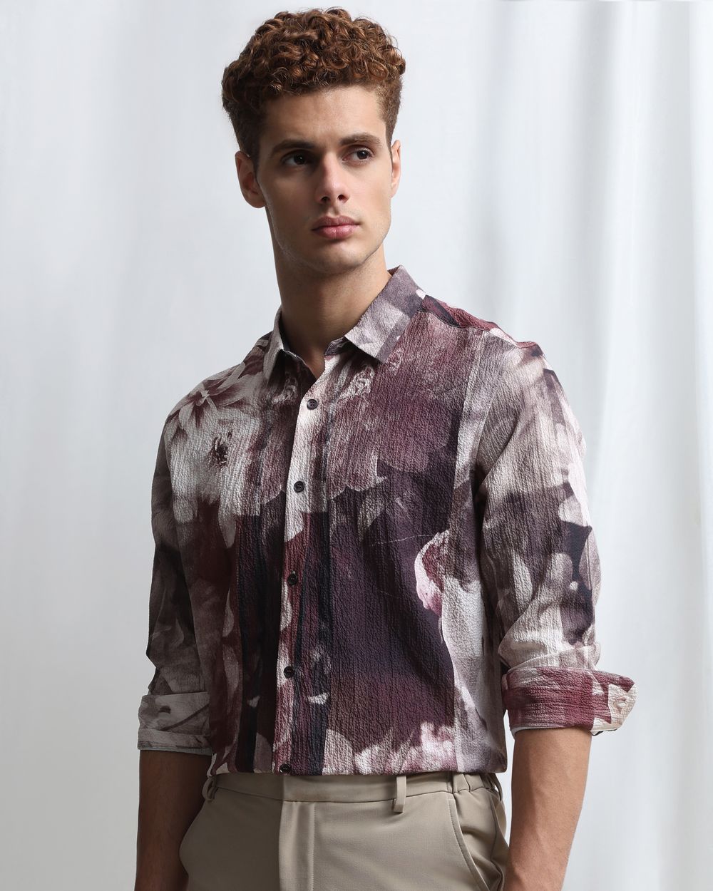 Maroon Digital Print Stretch Slim Fit Casual Shirt