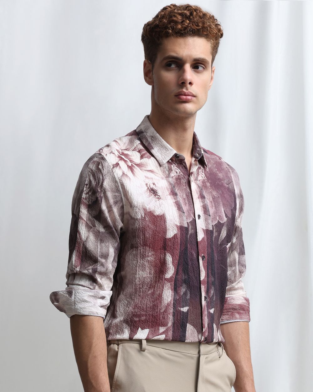 Maroon Digital Print Stretch Slim Fit Casual Shirt