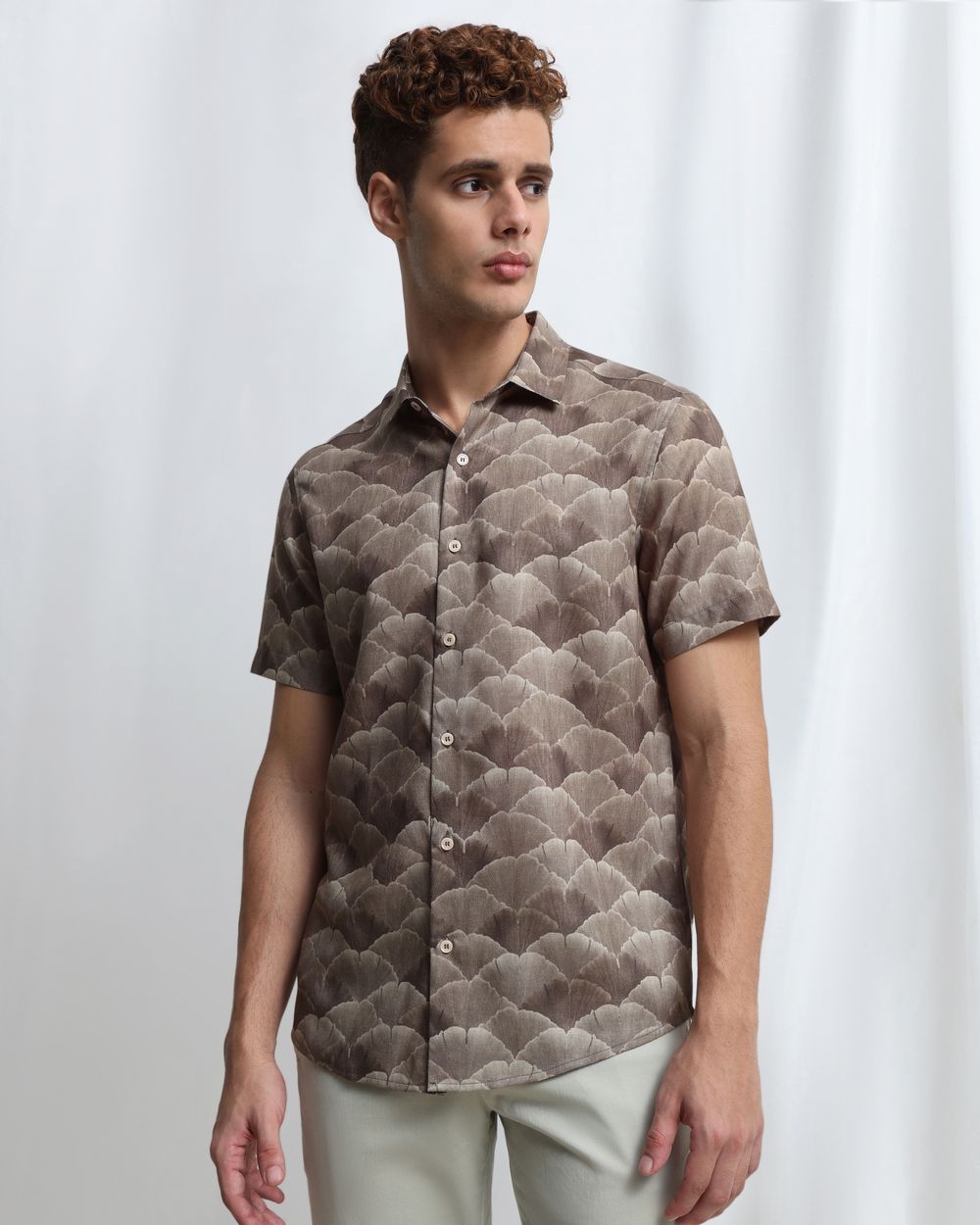 Olive Abstract Print Slim Fit Casual Shirt