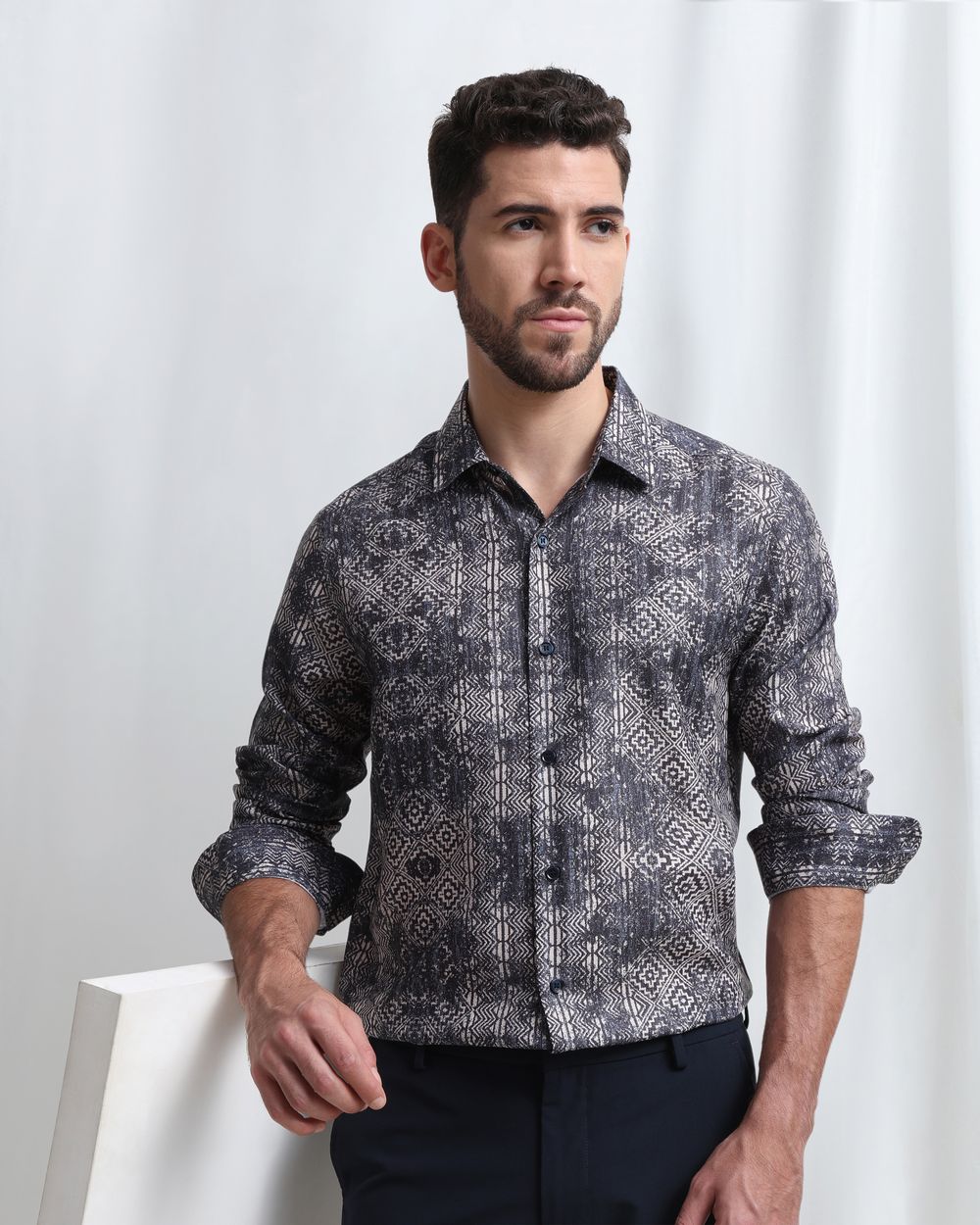 Navy Digital Print Slim Fit Casual Shirt
