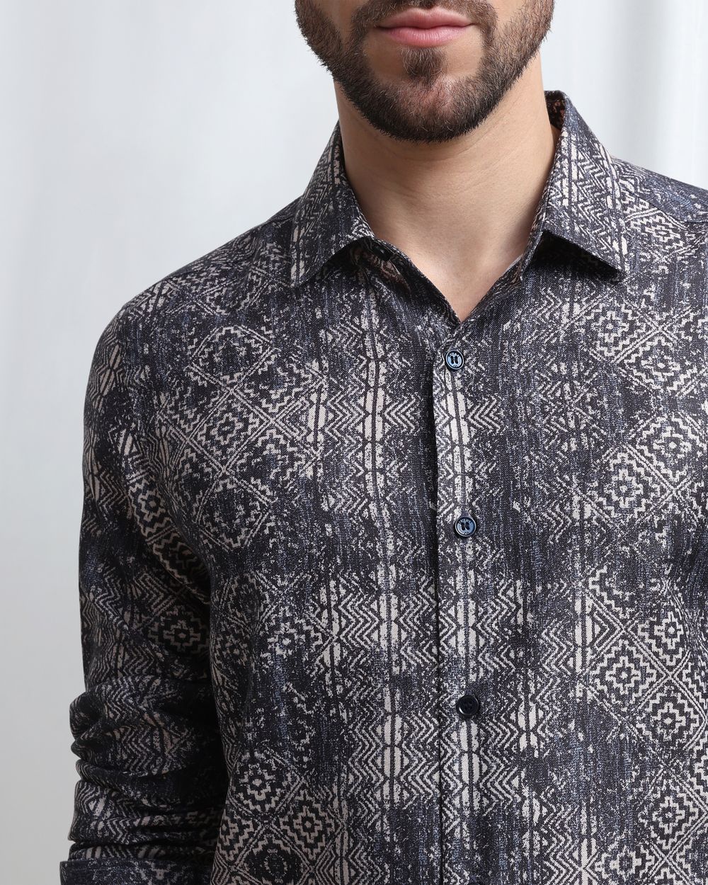 Navy Digital Print Slim Fit Casual Shirt