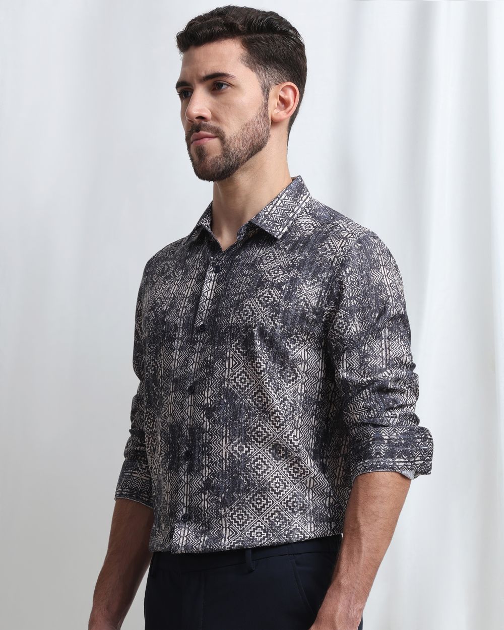 Navy Digital Print Slim Fit Casual Shirt