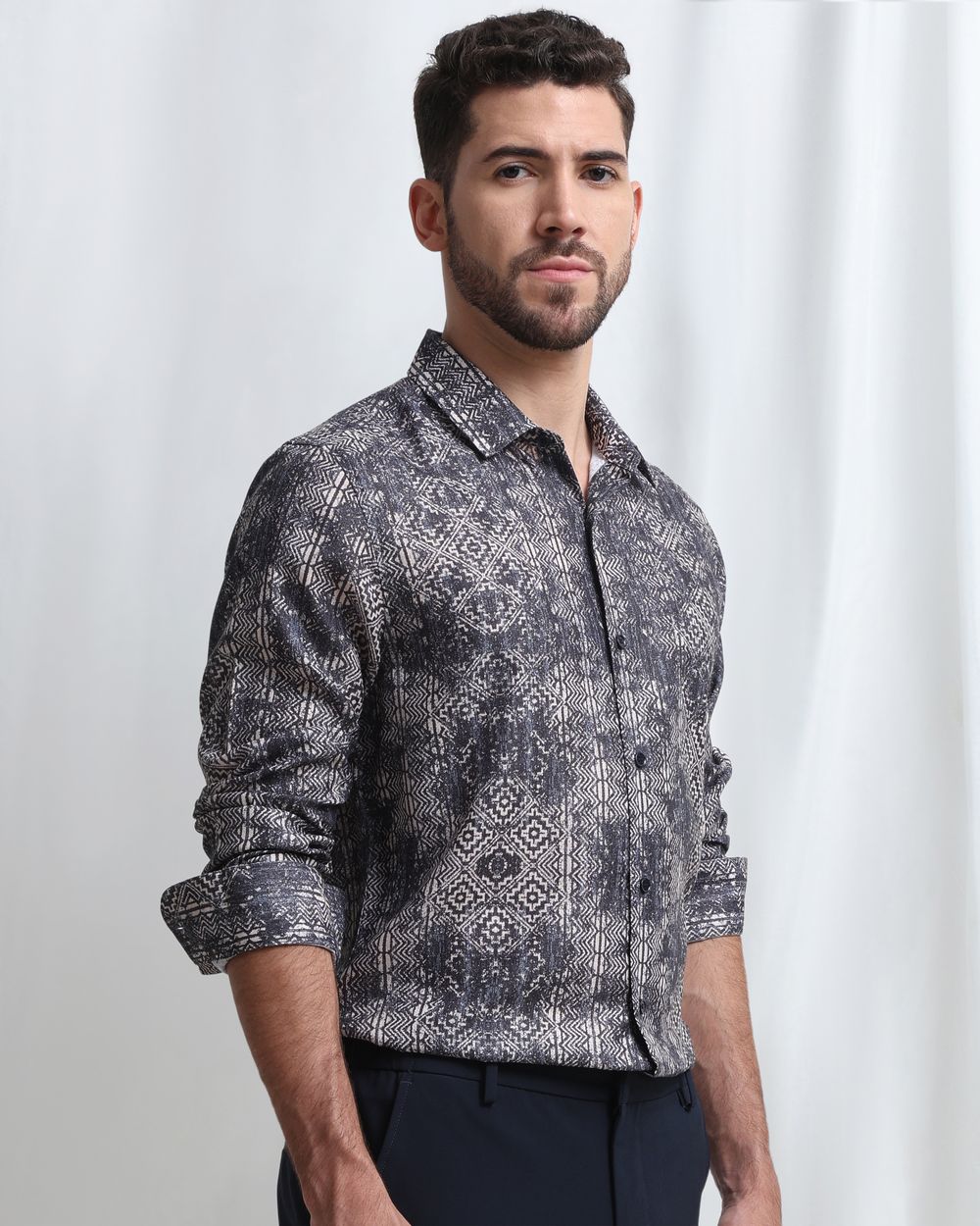 Navy Digital Print Slim Fit Casual Shirt