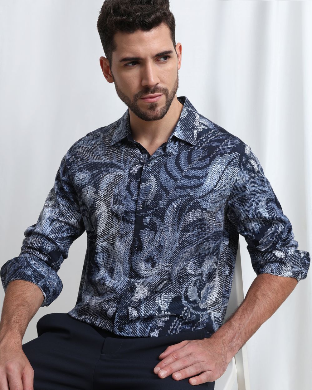 Navy Digital Print Slim Fit Casual Shirt