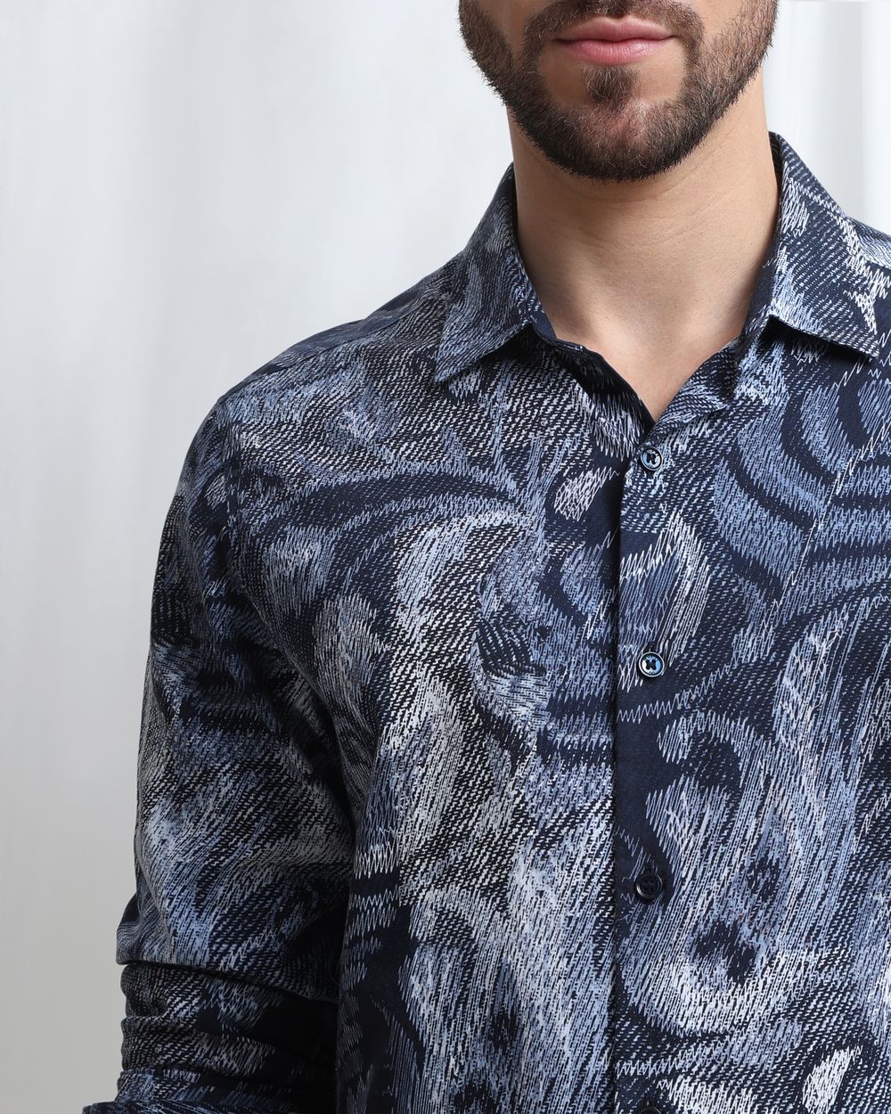 Navy Digital Print Slim Fit Casual Shirt