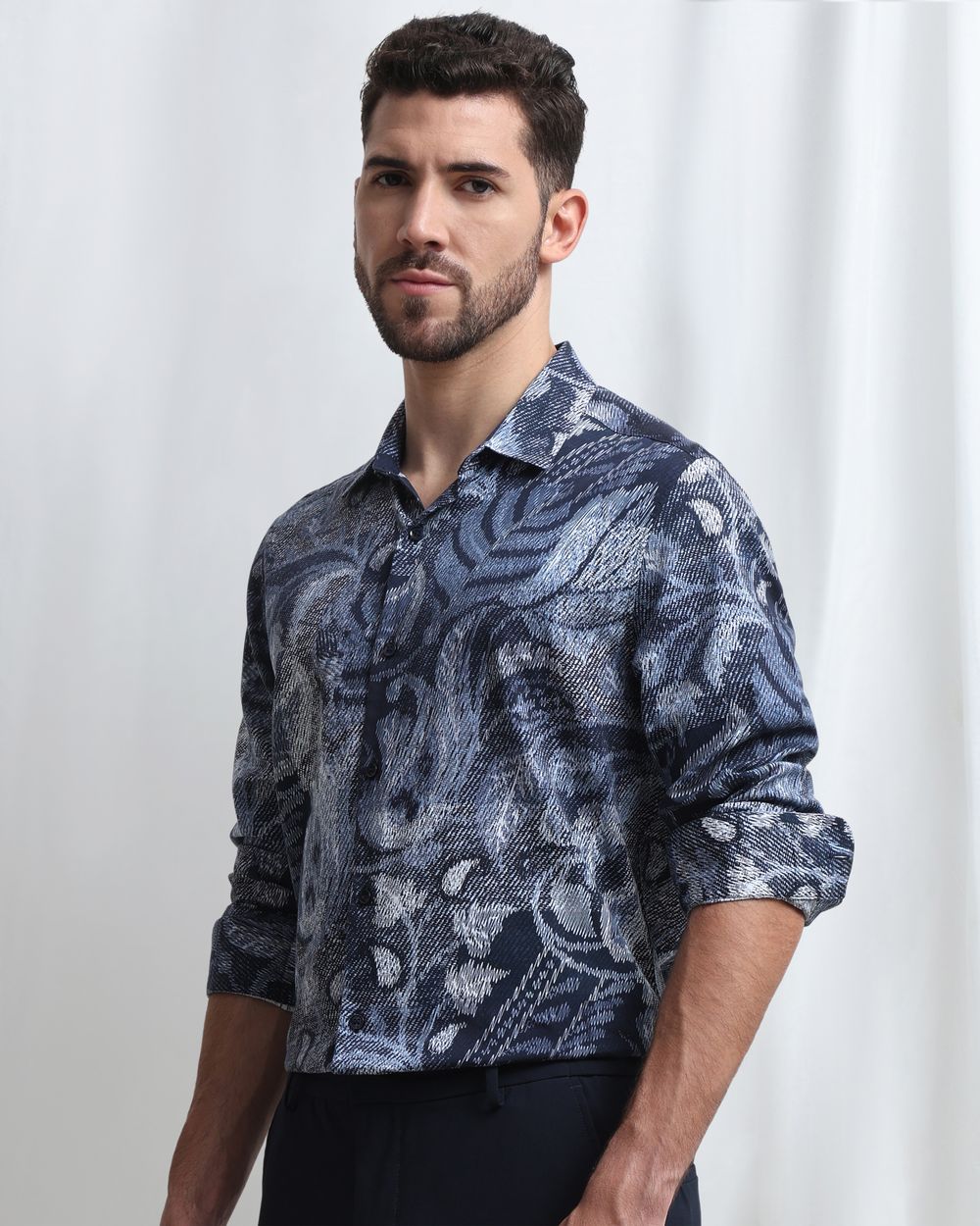 Navy Digital Print Slim Fit Casual Shirt