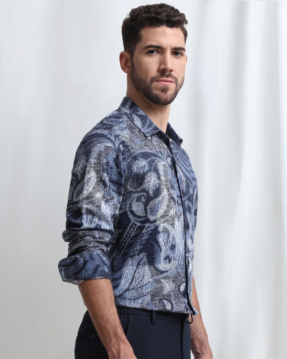 Navy Digital Print Slim Fit Casual Shirt