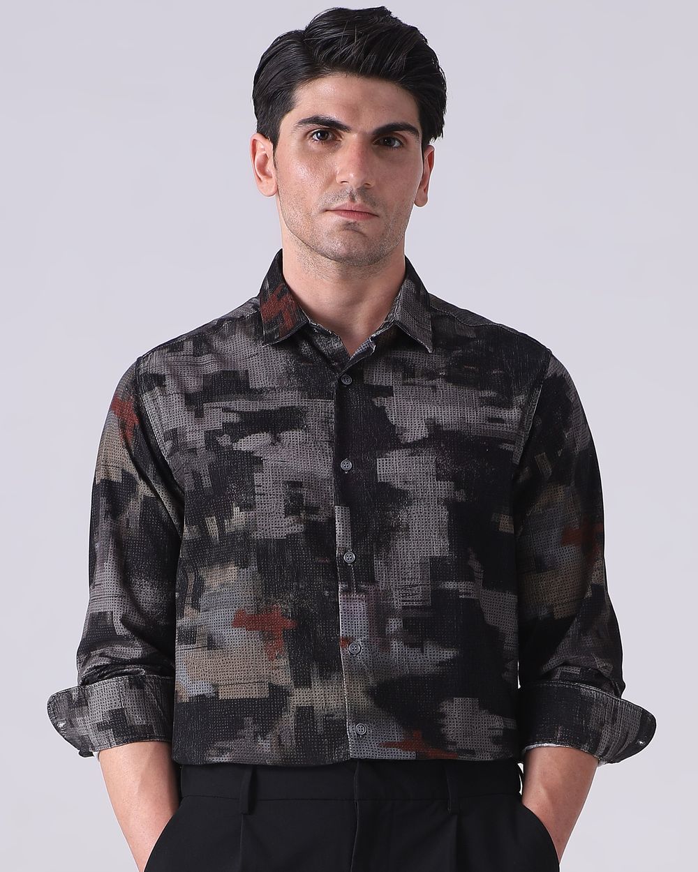 Grey Corduroy Print Slim Fit Casual Shirt