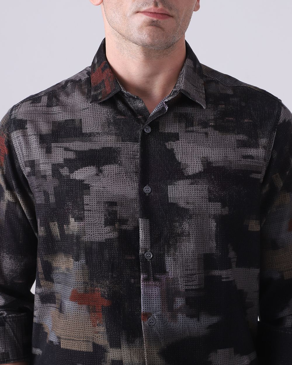 Grey Corduroy Print Slim Fit Casual Shirt