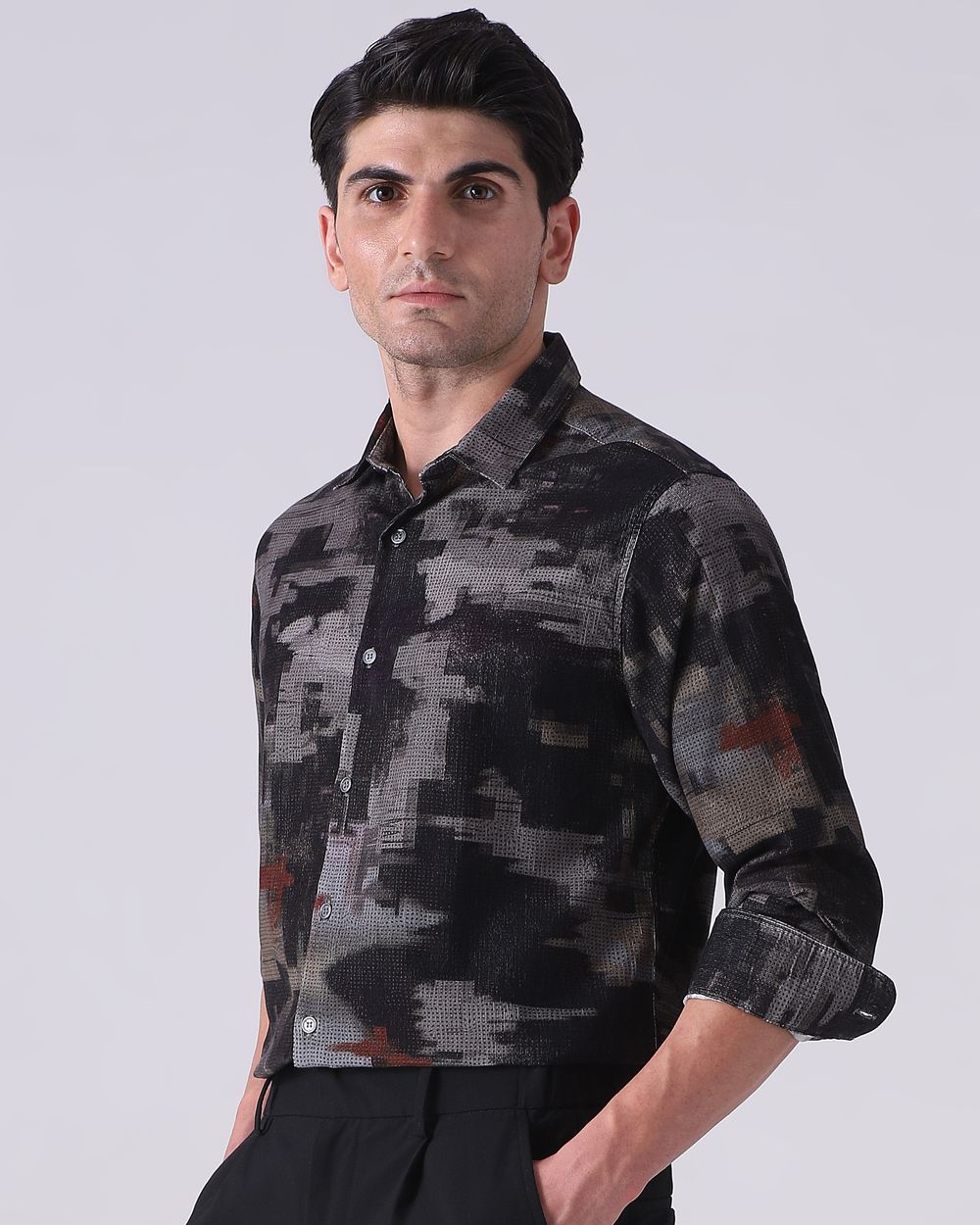 Grey Corduroy Print Slim Fit Casual Shirt