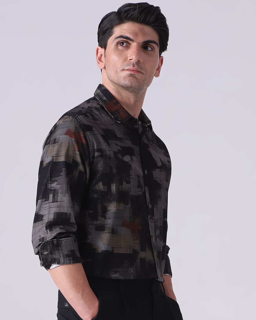 Grey Corduroy Print Slim Fit Casual Shirt
